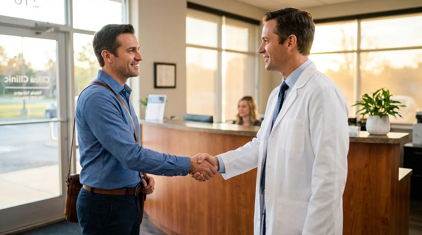 A doctor shakes hands with a smiling man at a clinic, marking a positive start to TRT for many men.