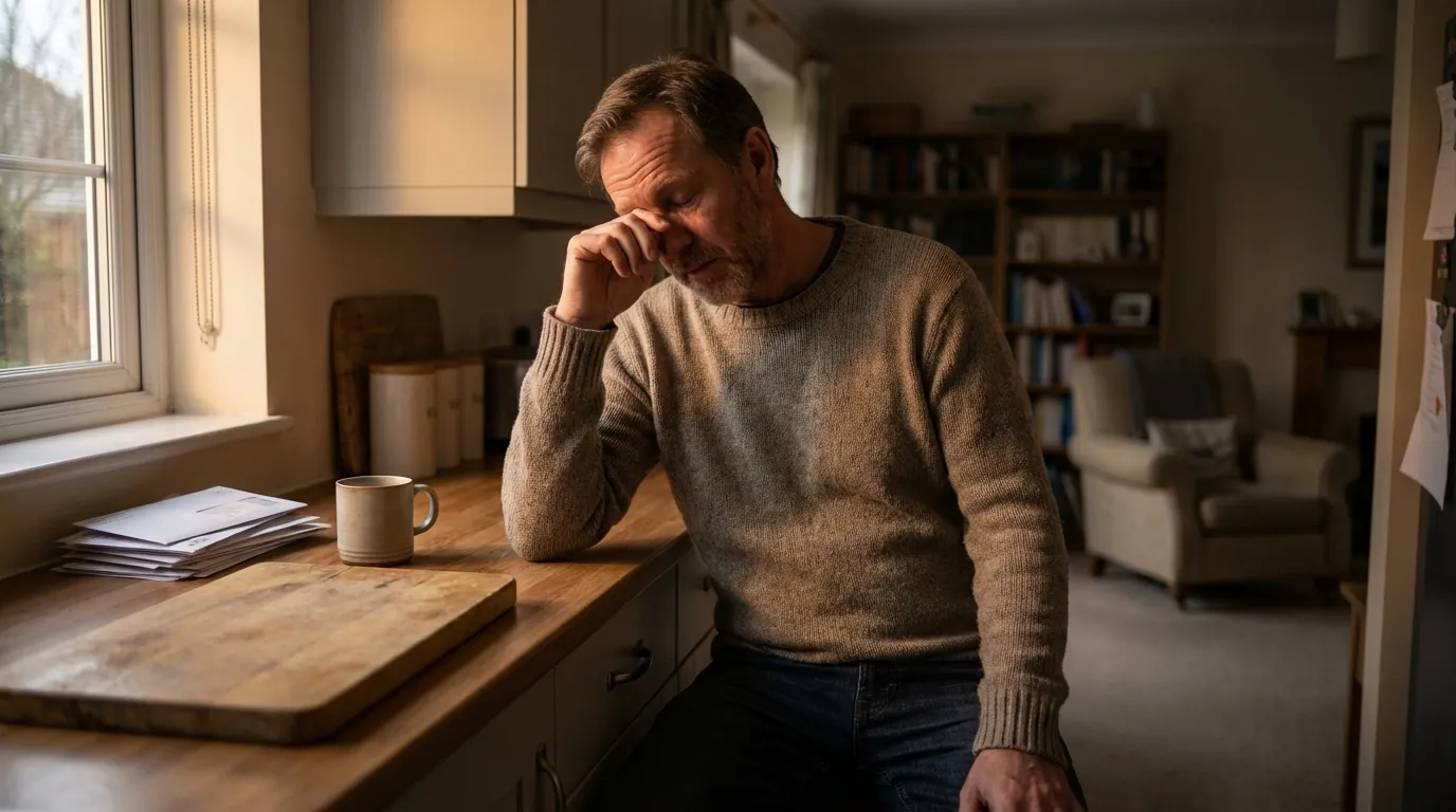 A tired man rubs his eye at his kitchen counter, experiencing the profound fatigue often addressed by testosterone replacement therapy.
