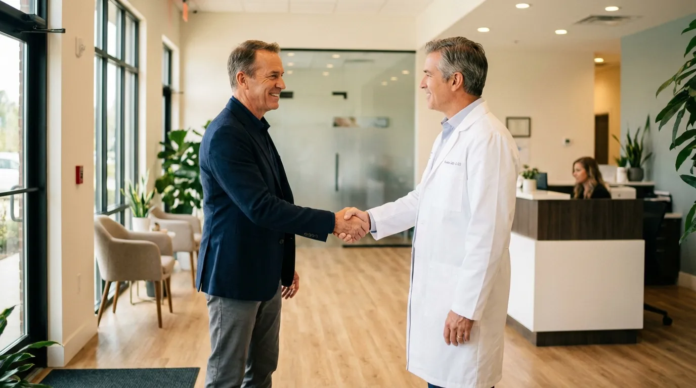 Two smiling men, one a doctor in a white coat, shake hands in a bright medical clinic, symbolizing trust in testosterone therapy.
