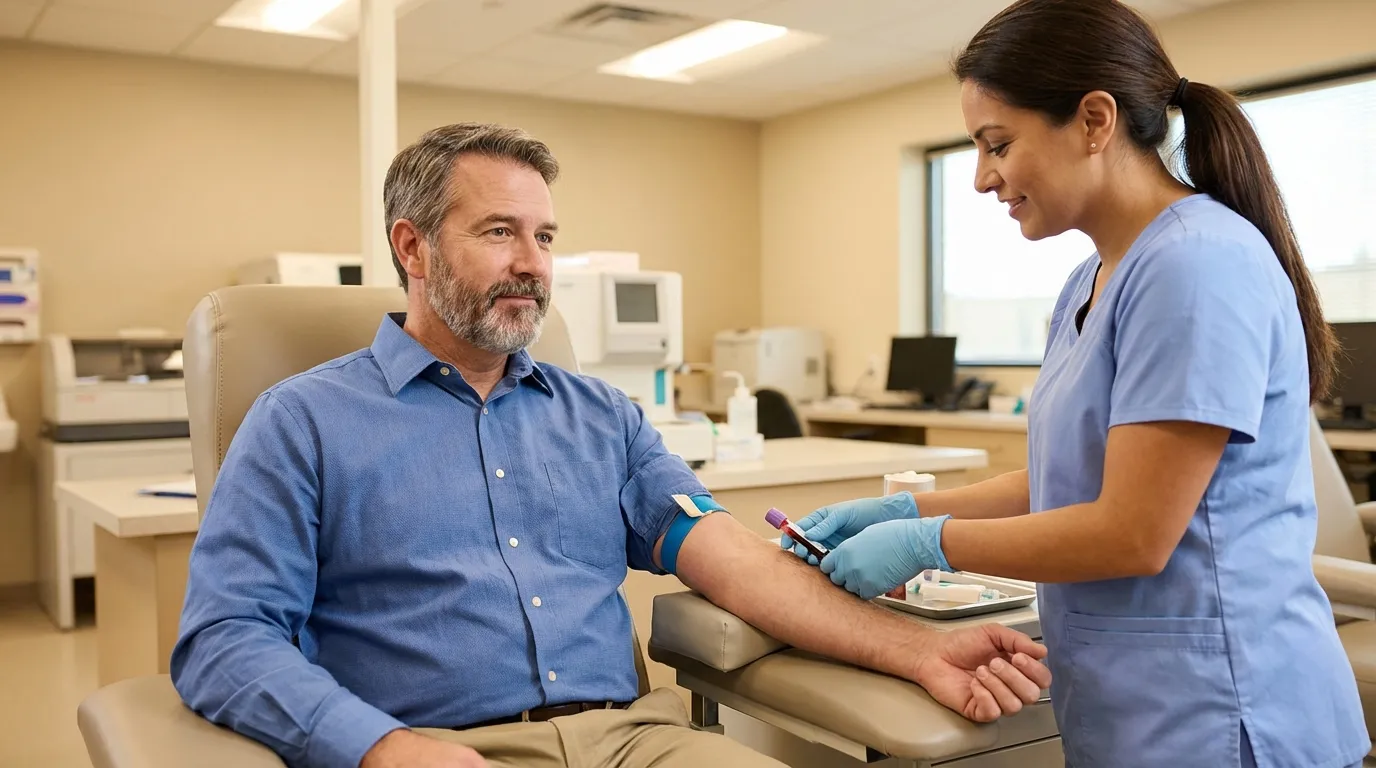 A smiling nurse in blue scrubs drawing blood from a relaxed man's arm in a bright clinical setting for testosterone therapy assessment.