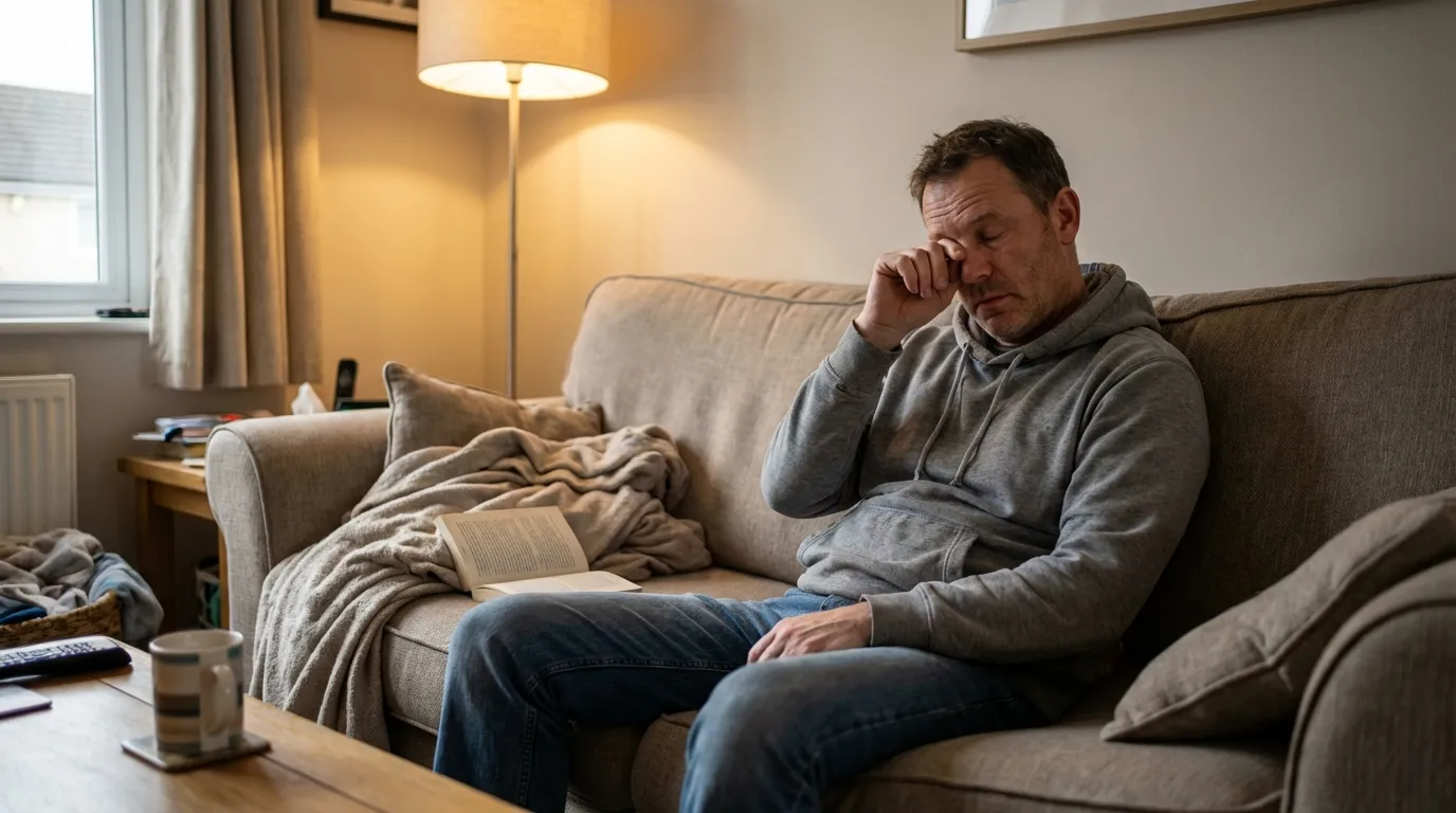 A weary man sits on a living room couch, rubbing his eyes from the persistent fatigue that often leads men to seek testosterone therapy.