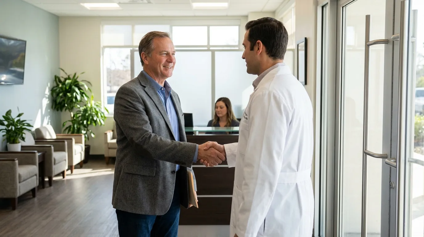 A doctor warmly shakes hands with a man in a modern clinic, representing the positive start men find with testosterone therapy.
