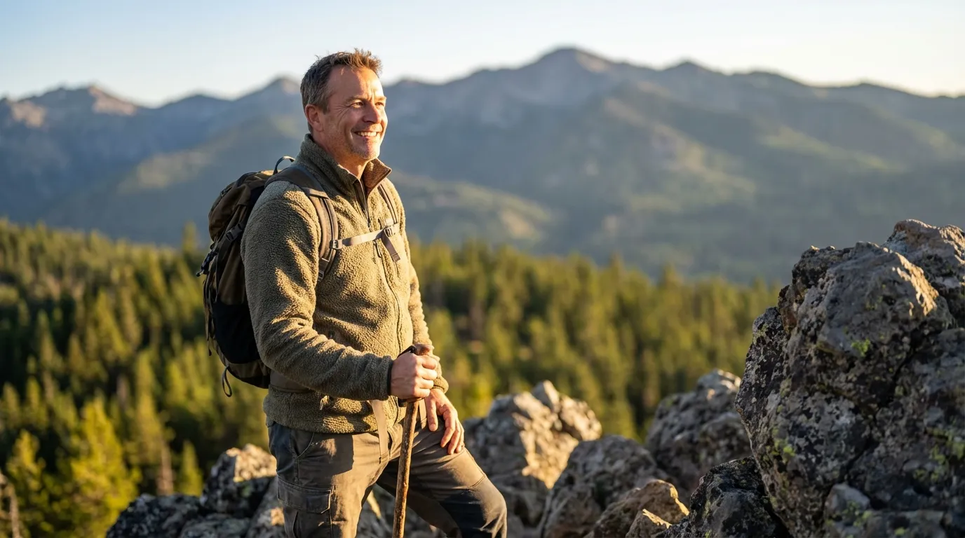 A smiling, active man with a backpack on a mountain peak, enjoying the renewed energy that testosterone therapy can provide.