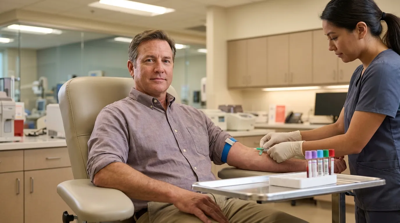 A man has his blood drawn by a nurse in a medical clinic, an essential step in exploring testosterone replacement therapy.
