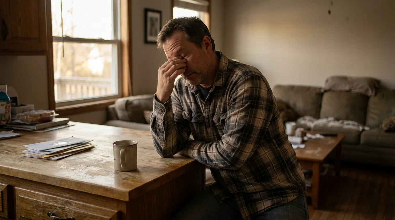 A man deeply fatigued at a kitchen counter, reflecting the exhaustion men experience before seeking testosterone therapy.