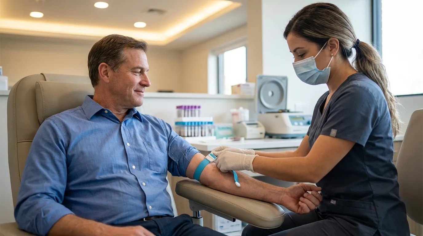 A relaxed man smiles during a blood draw by a nurse in a modern clinic, a routine step for men exploring testosterone therapy.