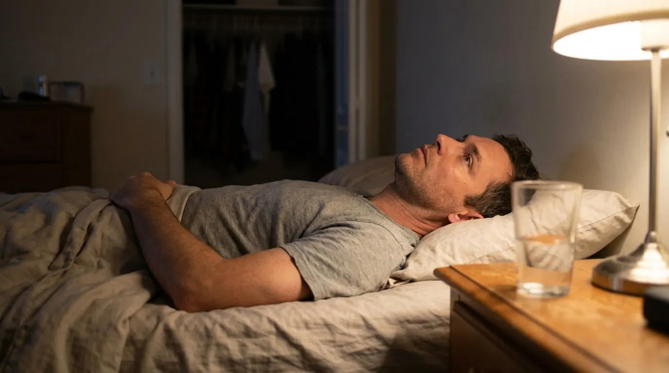 A man lies awake in his dimly lit bed, appearing tired and pensive, a common sign that leads many to explore testosterone replacement therapy.