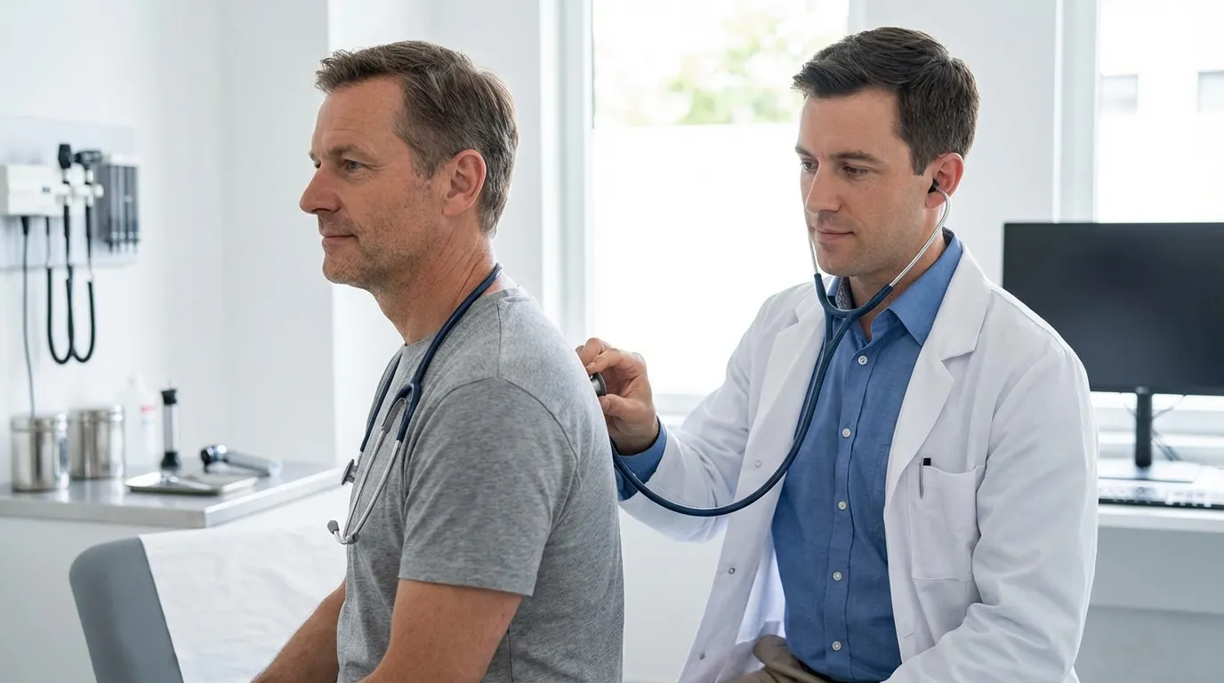 A doctor uses a stethoscope to examine a male patient's back in a clinic, a common step for men exploring testosterone therapy.