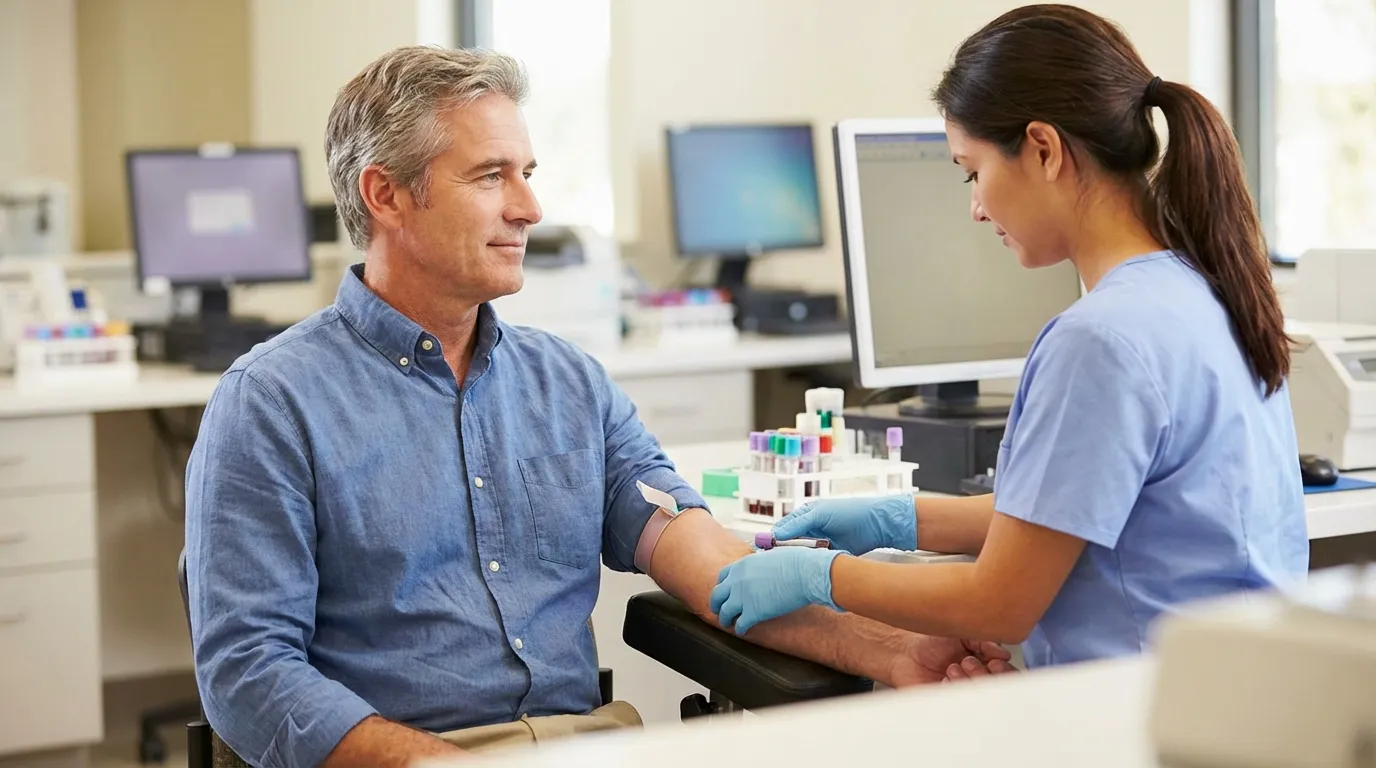 A calm man receives a blood draw from a nurse in a bright clinic, an essential step when considering testosterone replacement therapy.