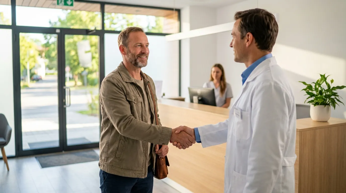 A smiling man confidently shakes hands with his doctor in a bright clinic, discussing the positive impact of testosterone replacement therapy.
