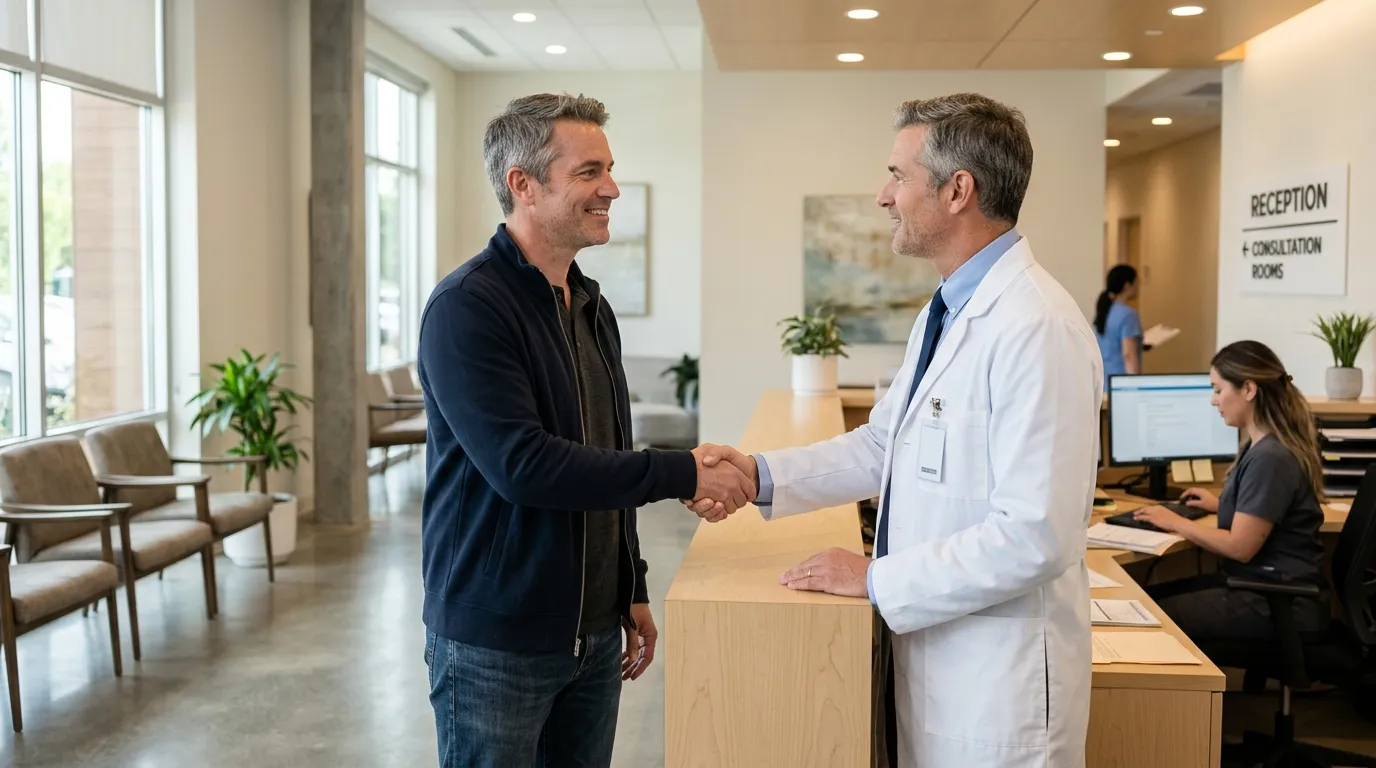 A doctor warmly shakes hands with a man in a modern clinic, highlighting the personal connection men experience with testosterone therapy.