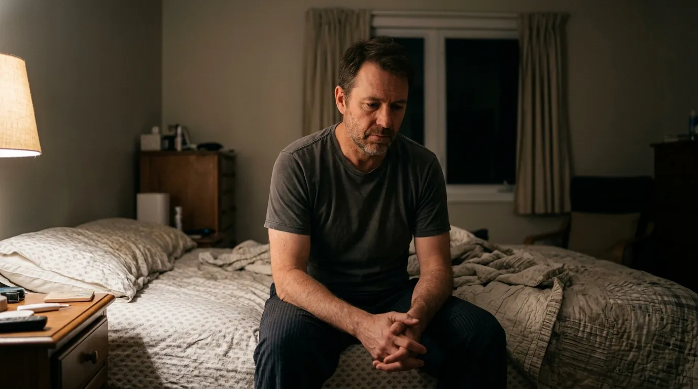 A middle-aged father sits on an unmade bed in a dim bedroom, his sleeplessness a common symptom that leads men to explore testosterone therapy.