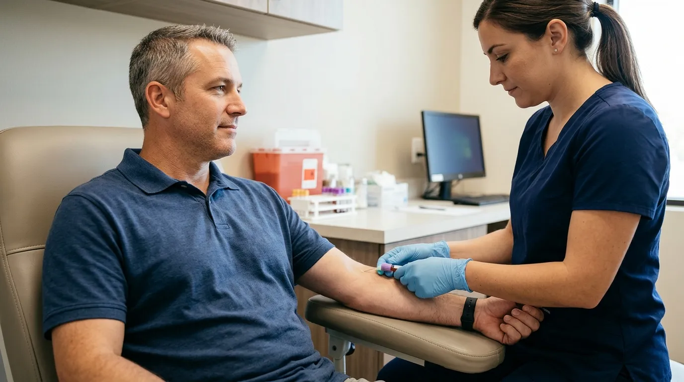 A calm man seated in a clinic chair during a blood draw, a common step for men exploring testosterone replacement therapy.