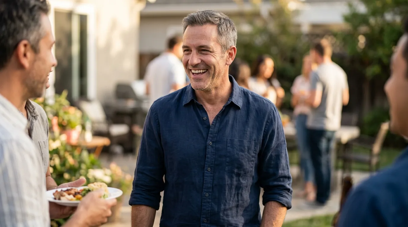 A happy man with friends at a lively backyard barbecue, enjoying the social engagement that testosterone therapy can help restore.