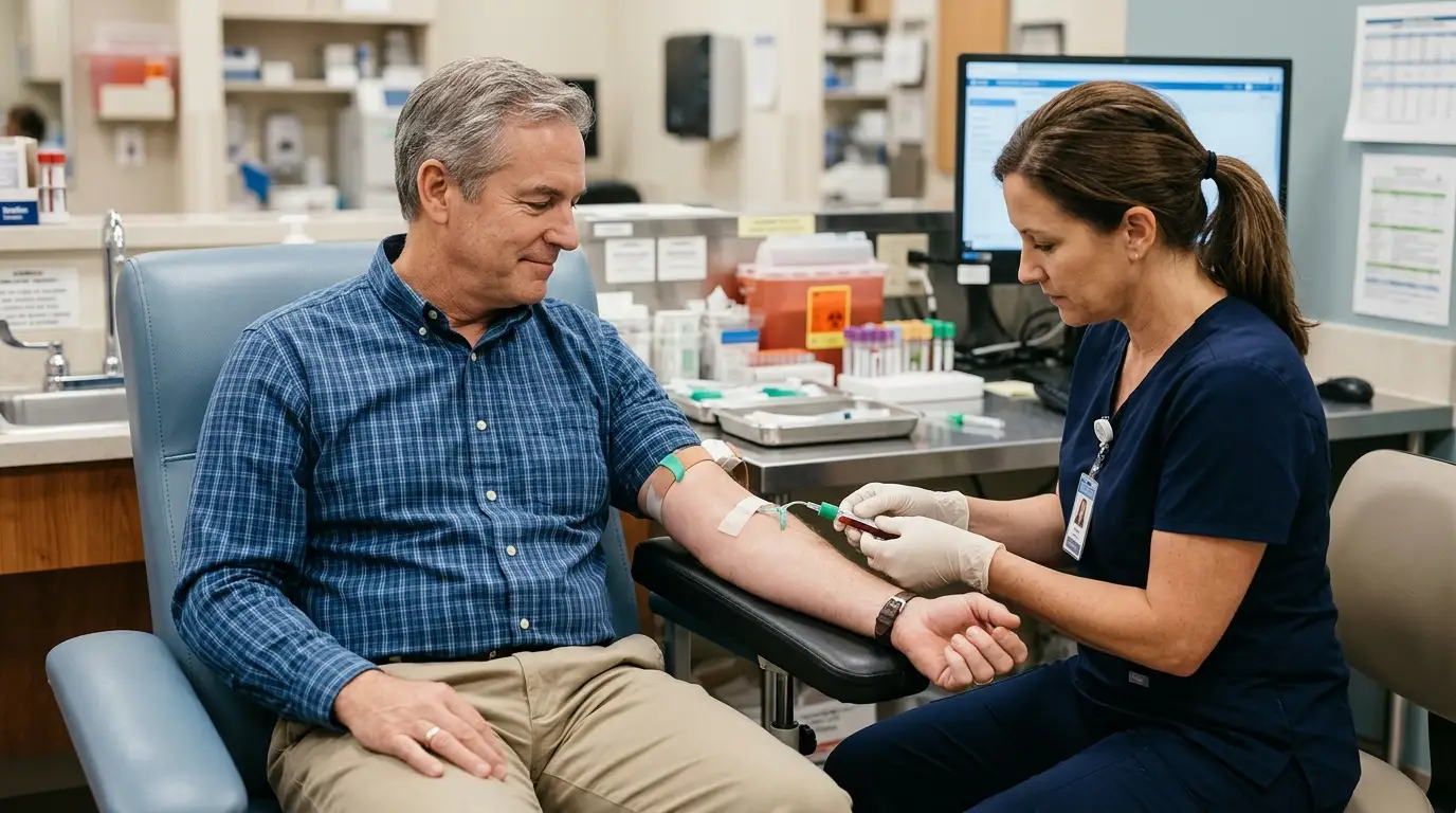A man calmly gets his blood drawn by a nurse in a clinic, a common first step for those considering testosterone therapy.