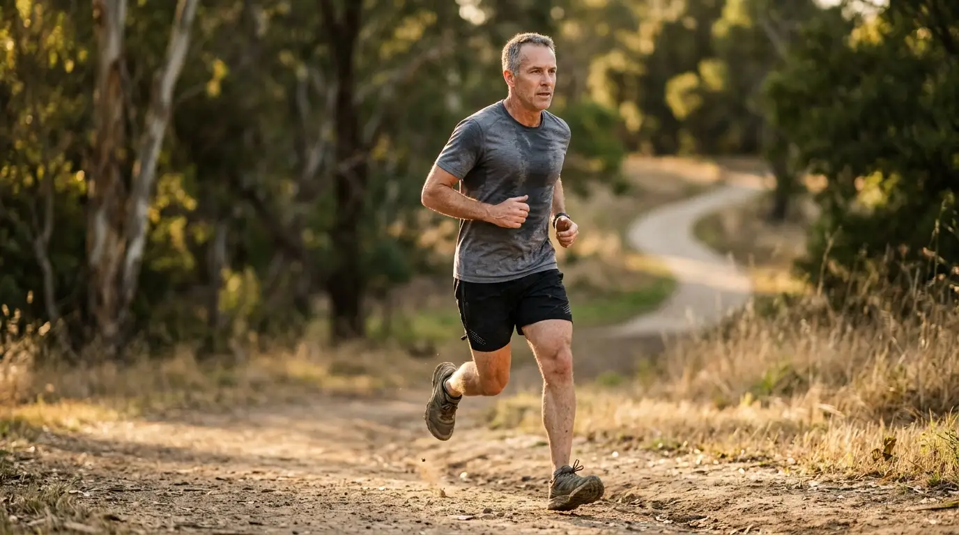 A focused middle-aged man jogs along a sunlit dirt trail, demonstrating the renewed energy many men experience with testosterone replacement therapy.