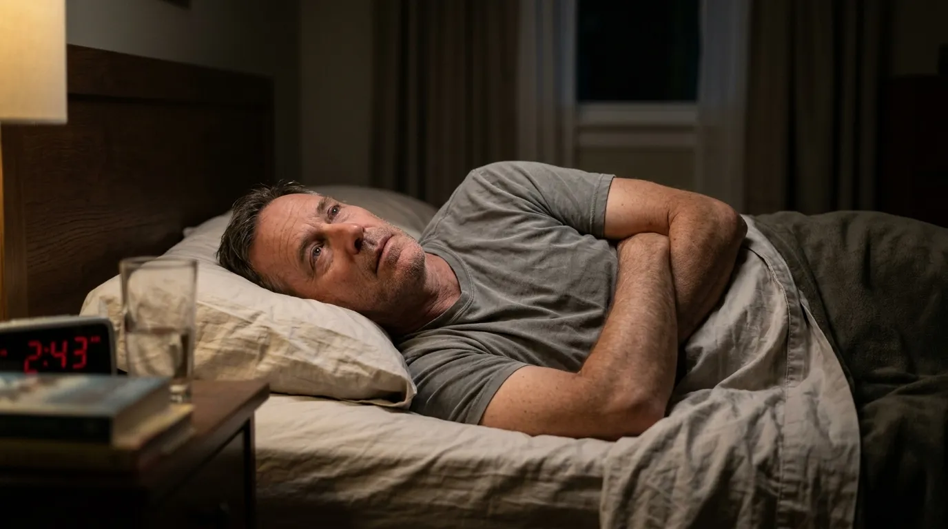 A pensive middle-aged man lies awake in bed in the early morning, showing the sleeplessness that often leads men to explore testosterone therapy.