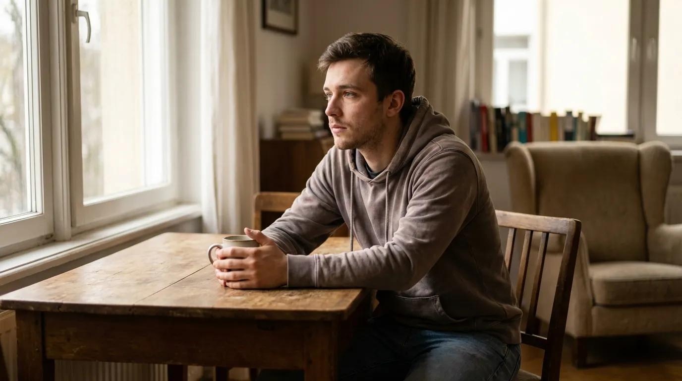 A young man sits by a window, reflecting the low energy many feel before starting testosterone replacement therapy.