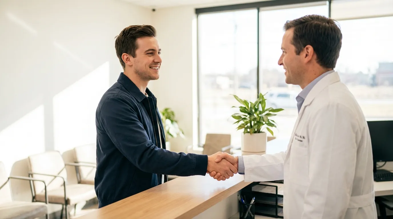 A smiling young man shakes hands with a friendly doctor at a bright clinic, eager to begin his journey with testosterone therapy.