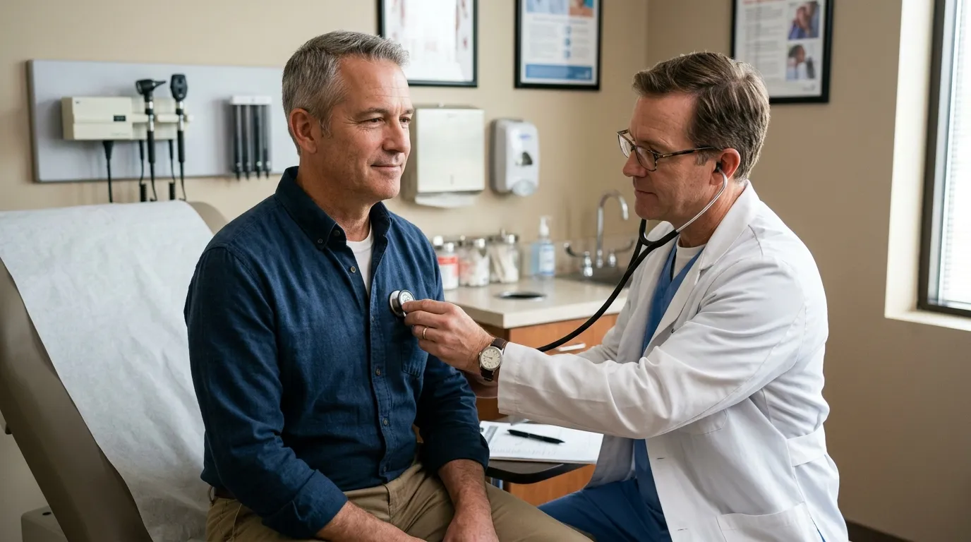 A doctor examines a man with a stethoscope in a clinic, a common step for those exploring testosterone therapy.