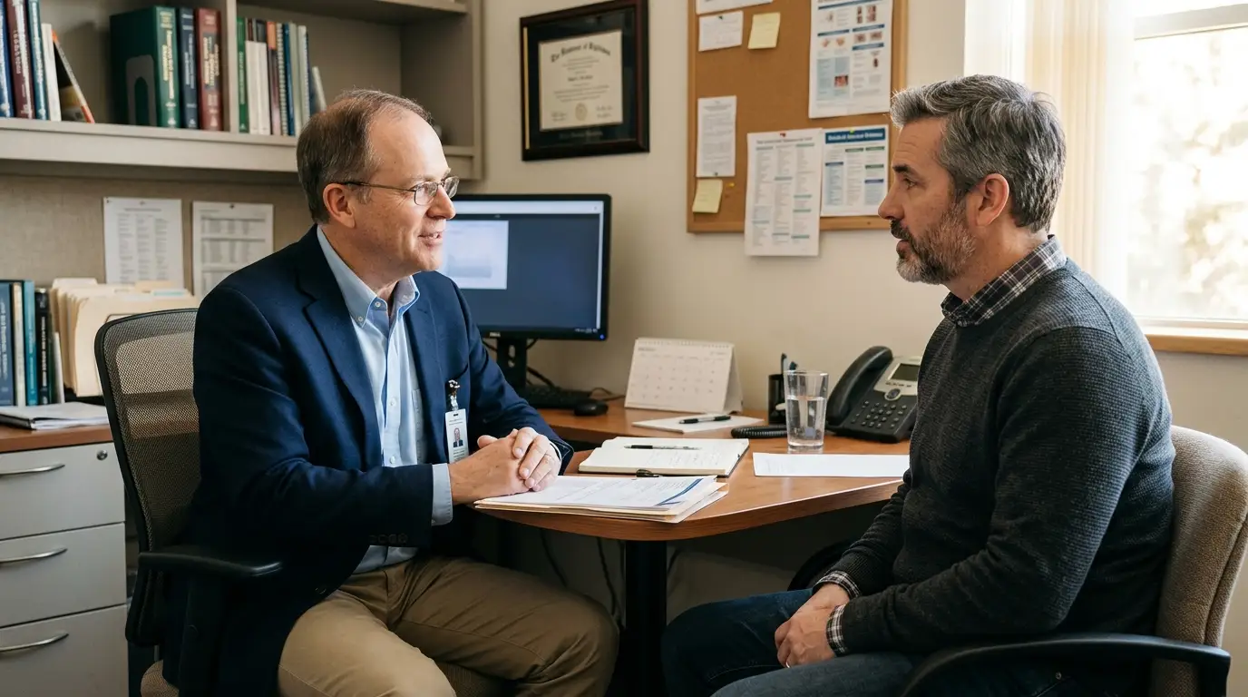 A doctor thoughtfully explains options to a man in his office, discussing health pathways including testosterone replacement therapy.