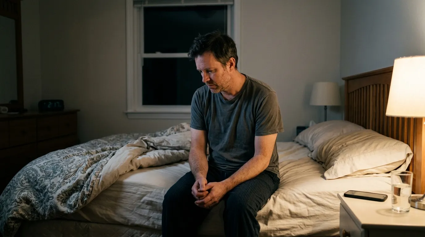 A man sits awake on his bed at 2:17 AM, displaying the fatigue that often leads men to consider testosterone therapy.