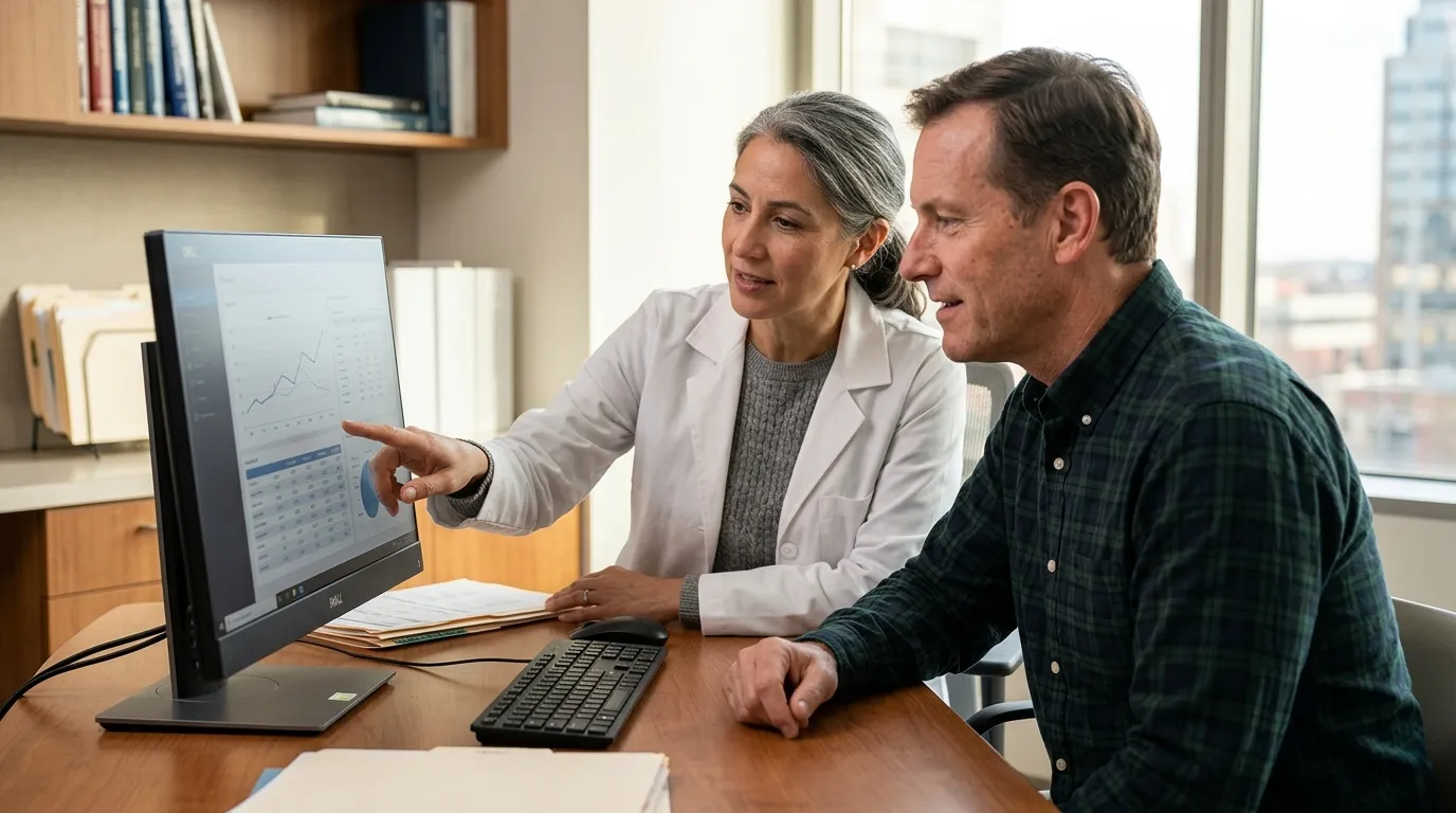 A physician points to health data on a screen, discussing results with a man evaluating options like testosterone therapy.