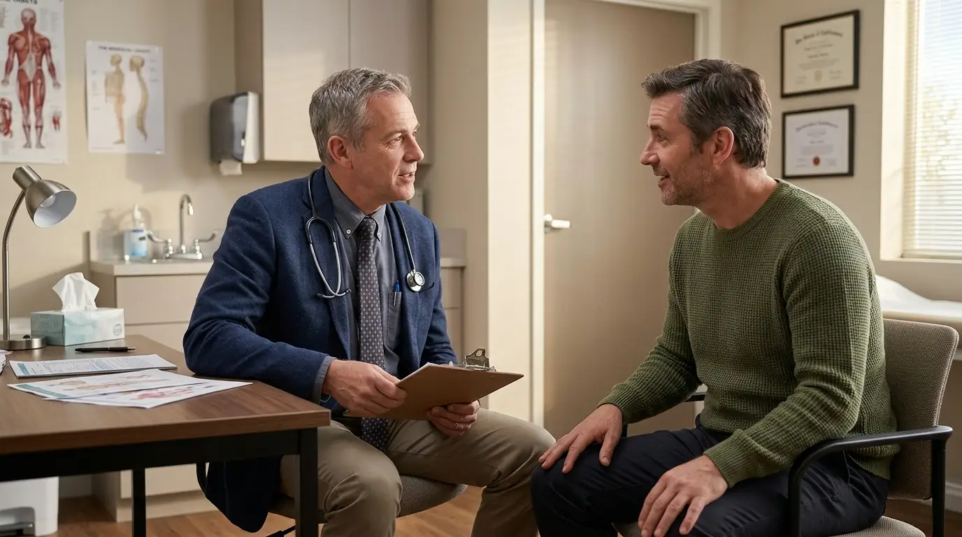 A doctor attentively consults with a man in a modern clinic, explaining the many benefits of testosterone replacement therapy.