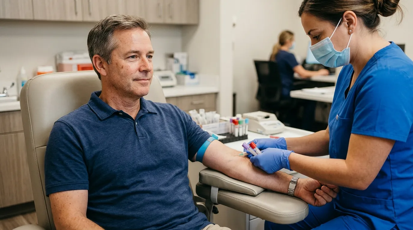 A calm middle-aged man is getting a blood draw from a masked nurse, a common step for evaluating testosterone therapy options.