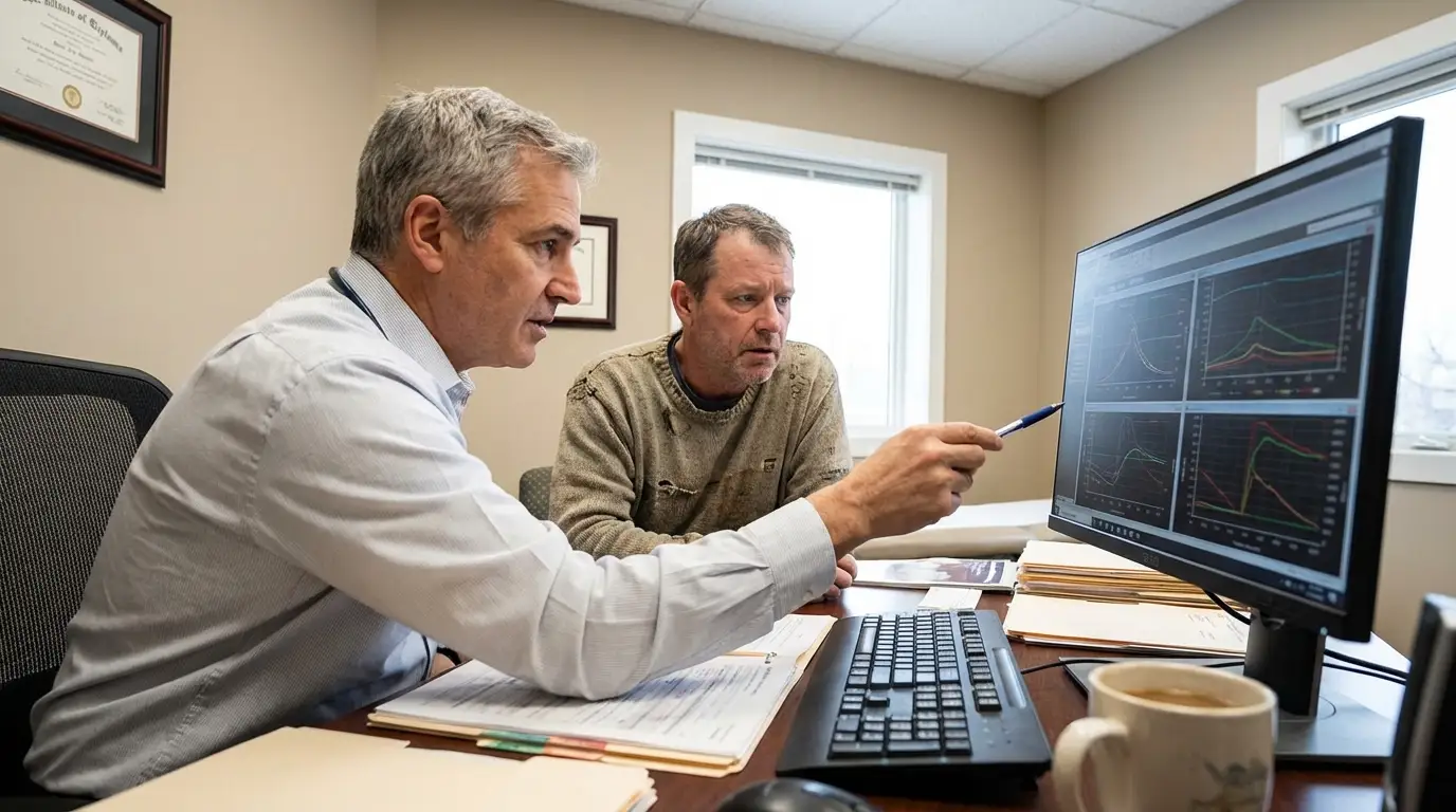 A doctor points to graphs on a computer screen, reviewing results with a concerned man, often the first step toward effective testosterone therapy.