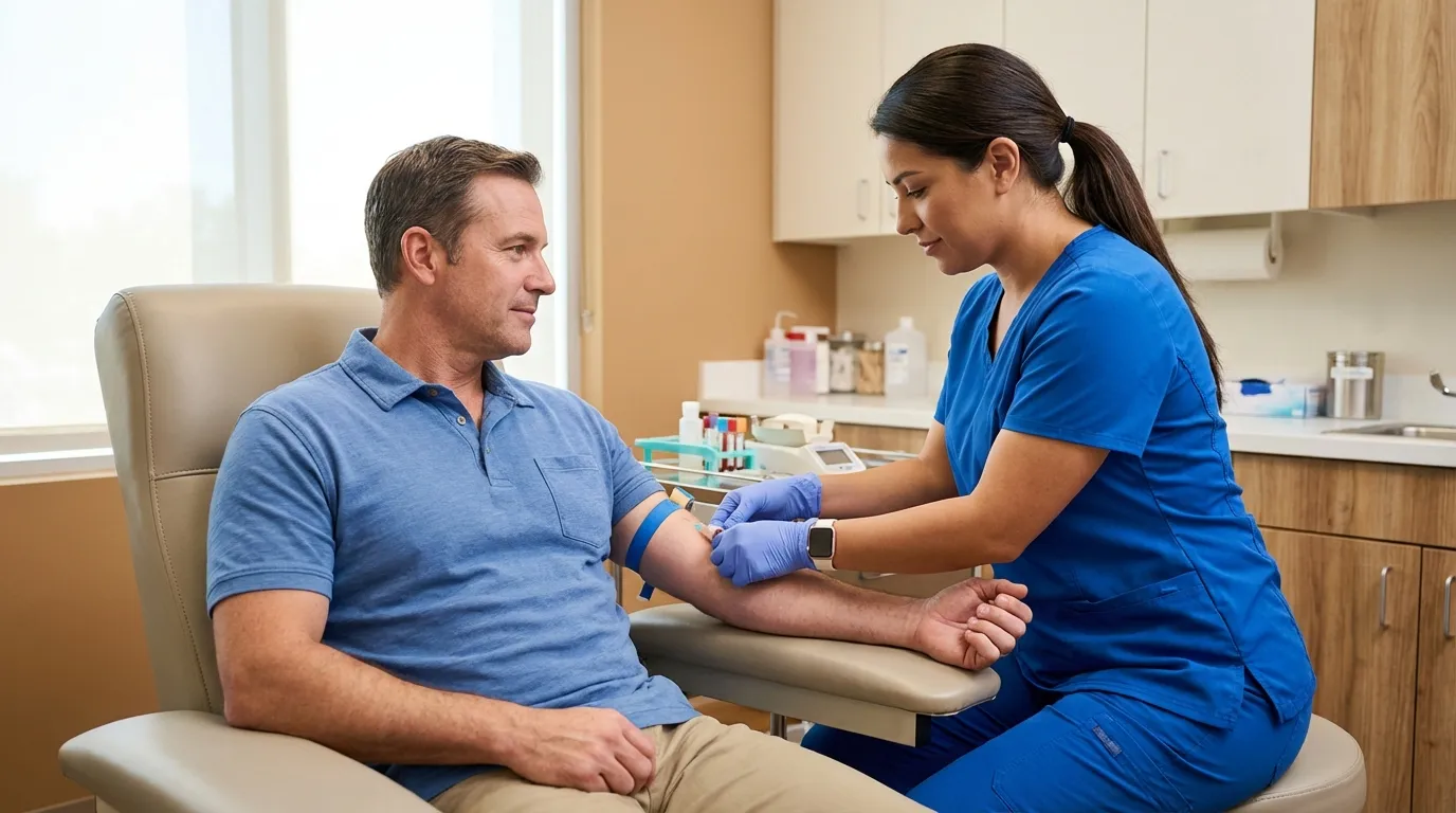 A nurse draws blood from a man's arm in a clinic, a key diagnostic step many men take before considering testosterone therapy.
