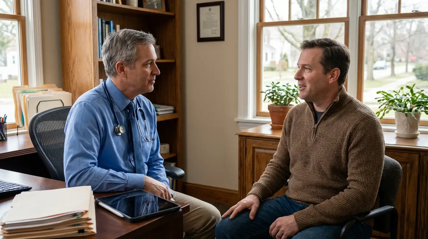 A doctor wearing a stethoscope consults with a man in an office, a common setting for men exploring testosterone therapy.