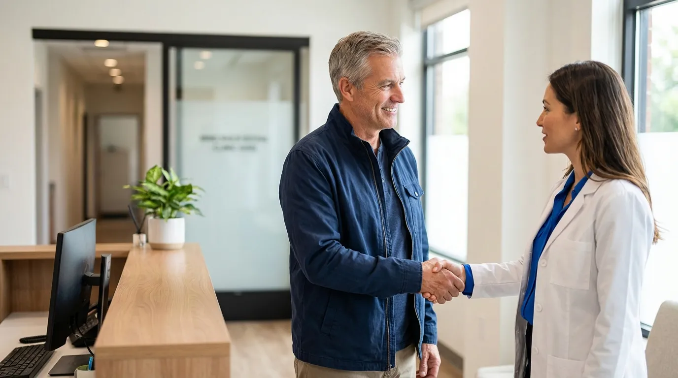 A smiling father shakes hands with a medical professional at a clinic, eager to discuss how testosterone replacement therapy can improve his well-being.