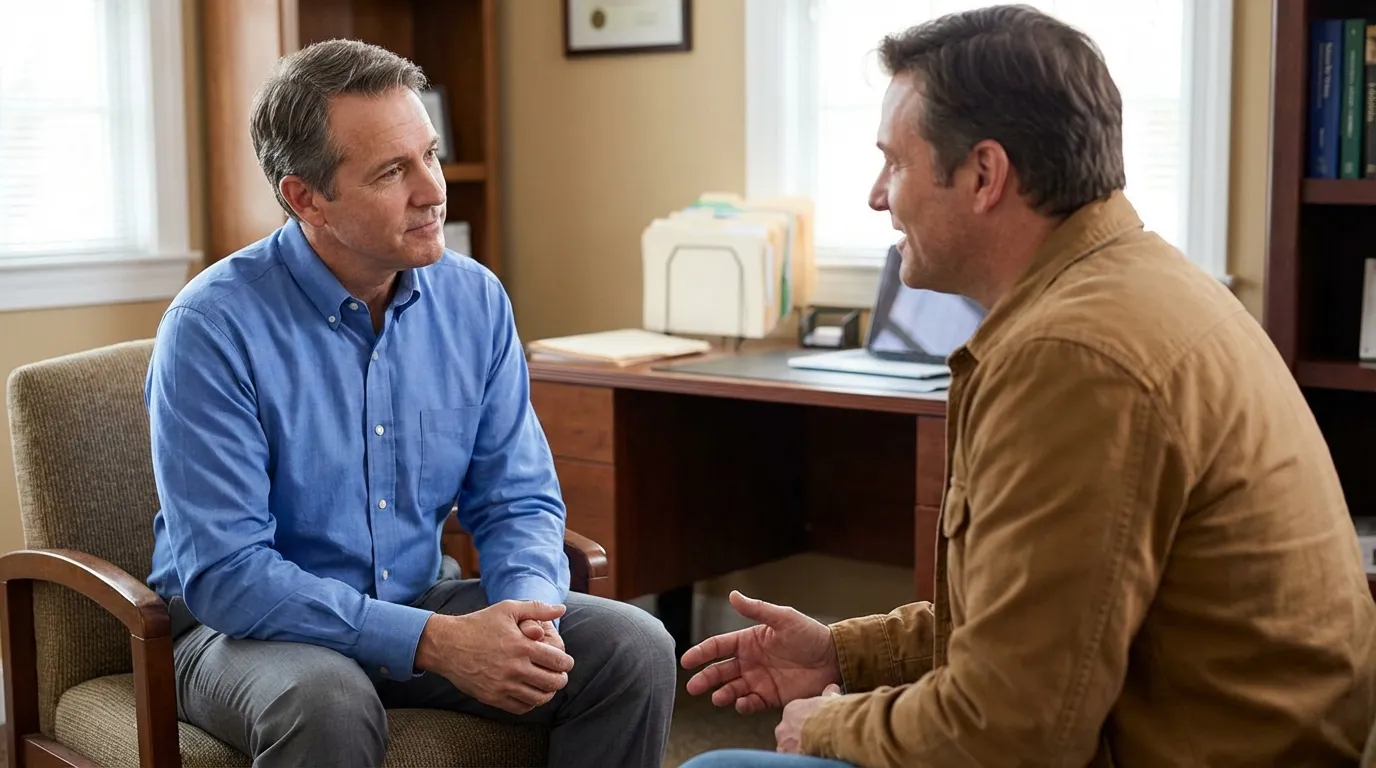 Two men engage in a serious discussion during a medical consultation, exploring options like testosterone replacement therapy.