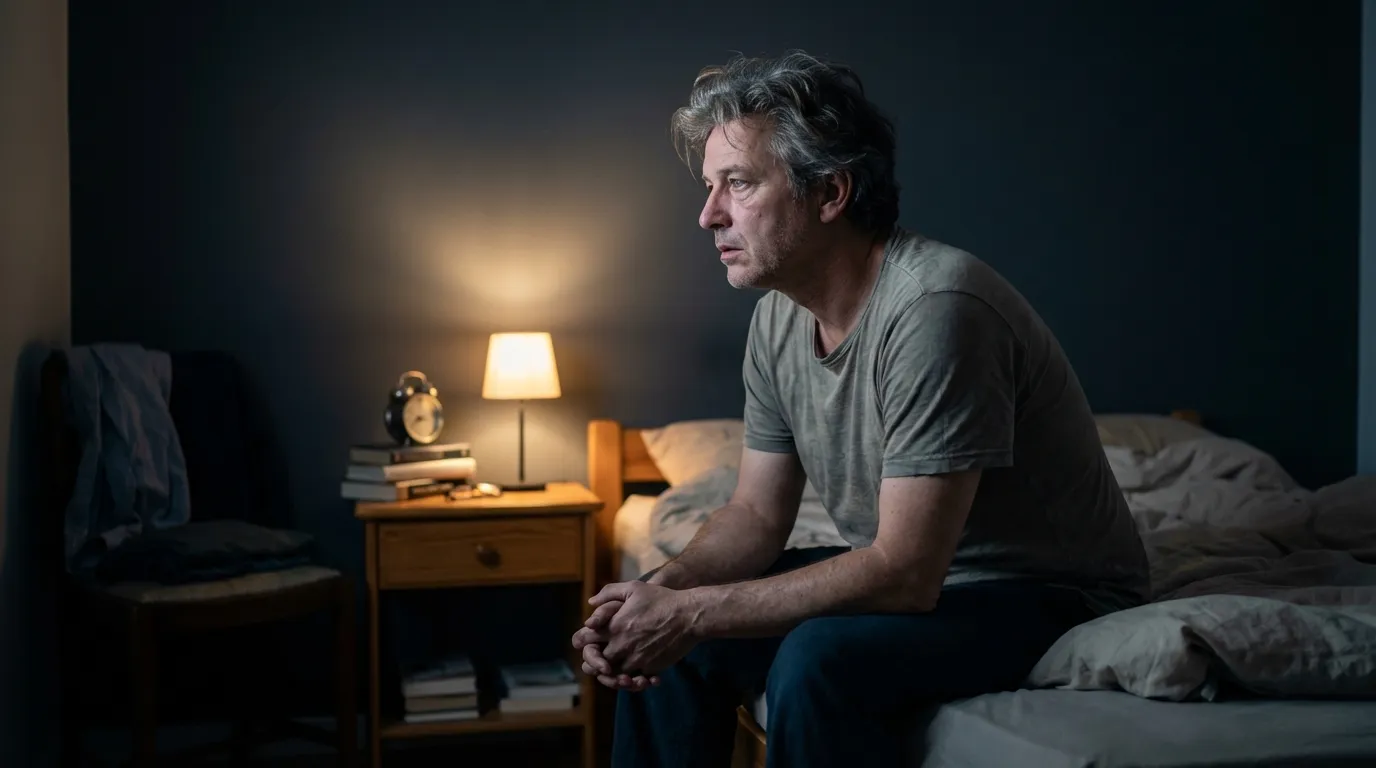 A man sits awake on his bed in a dim room, feeling the low energy that often leads men to explore testosterone therapy.