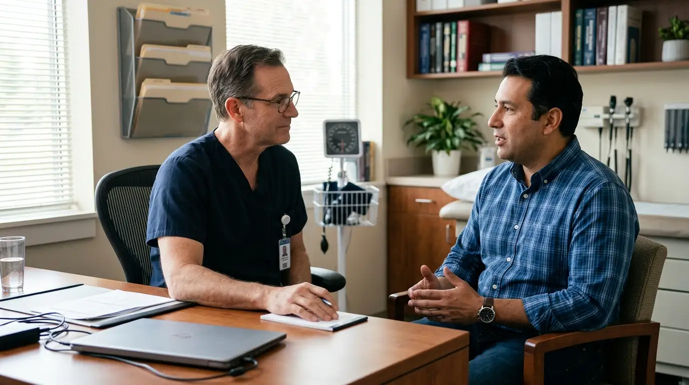 A doctor listens as a man discusses his health concerns, exploring paths like effective testosterone replacement therapy.