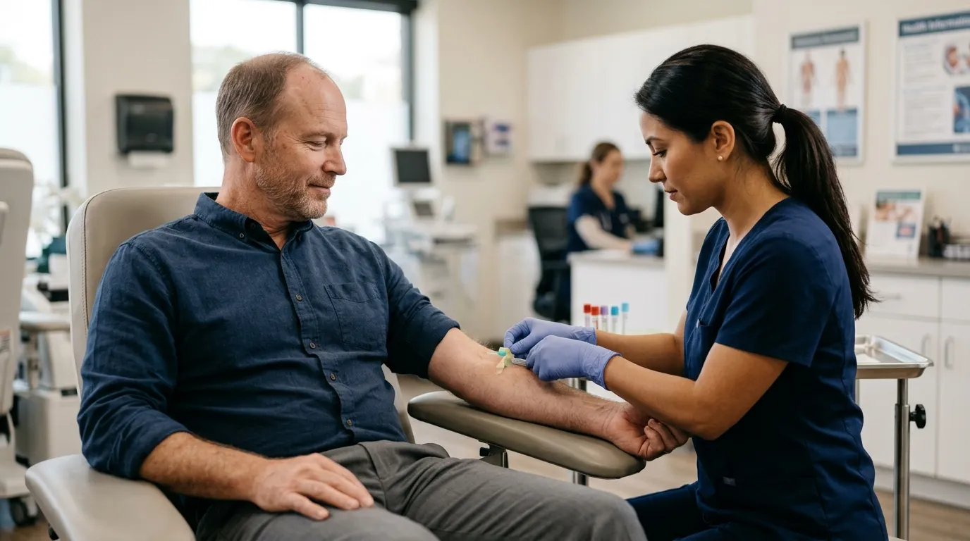 A calm man has his blood drawn by a nurse in a bright clinic, a routine step for monitoring testosterone replacement therapy.