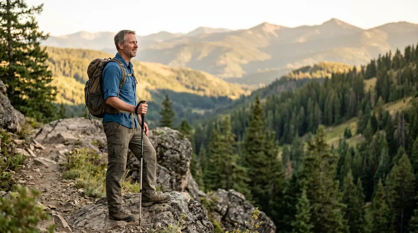 A man hiking a mountain trail with a backpack, embodying the renewed energy that TRT can provide.