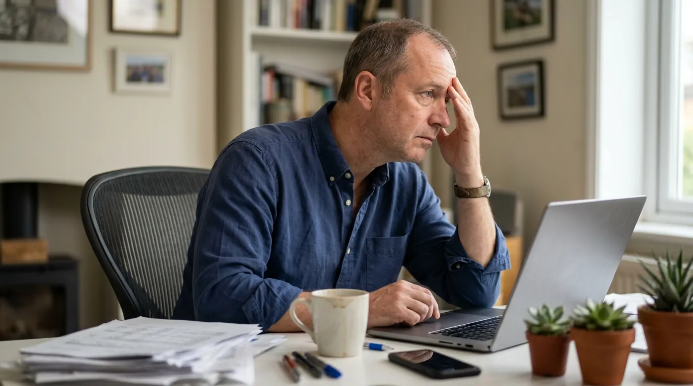 A man looking stressed at a desk, head in hand, showing the fatigue men may address with testosterone replacement therapy.