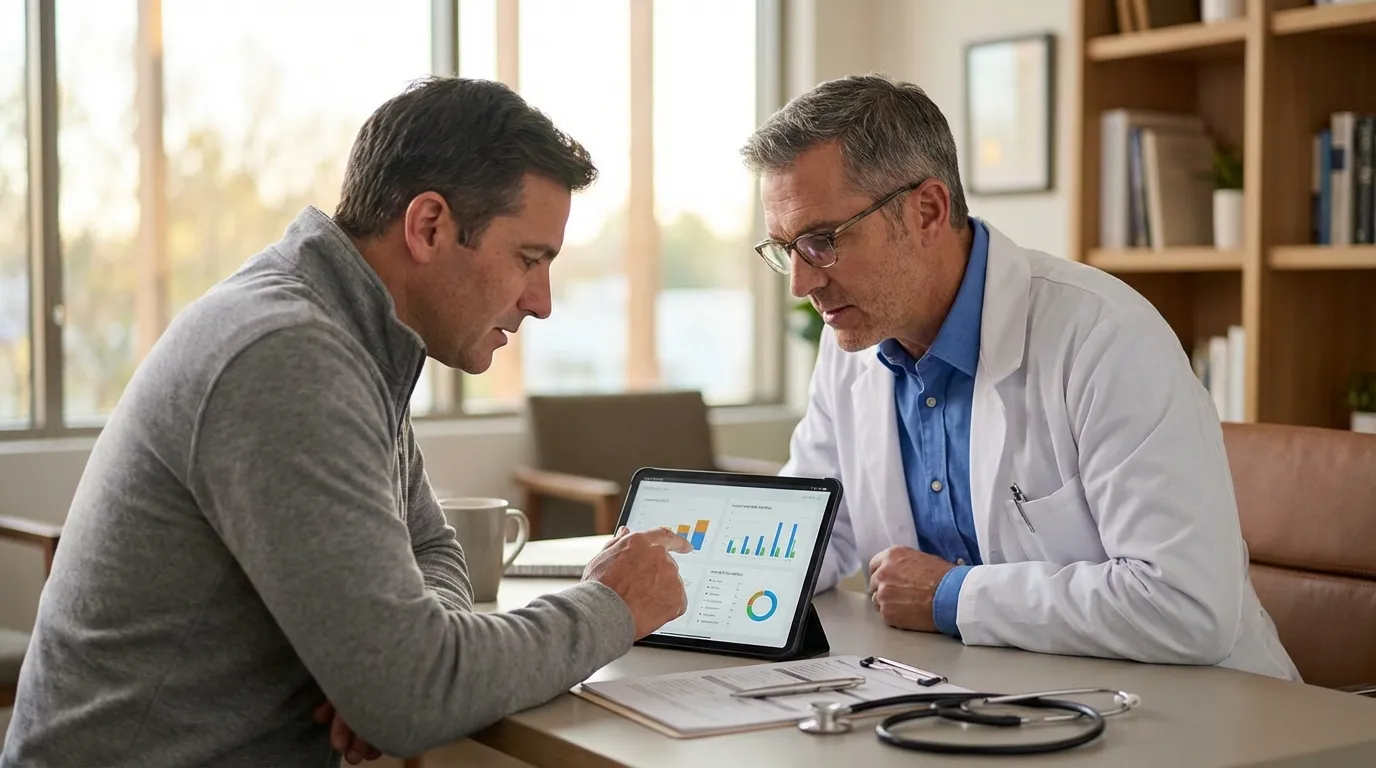A doctor explains charts to a man on a tablet, reflecting the positive outcomes many men experience with testosterone therapy.