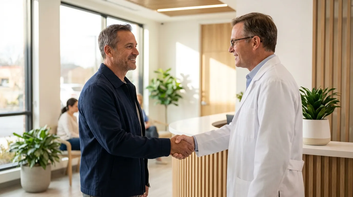 Two smiling men, one a doctor in a white coat, shake hands in a bright clinic reception, symbolizing the start of effective testosterone therapy.