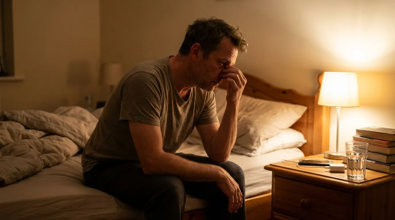 A man sits on the edge of his bed in a dimly lit room, showing the deep weariness that often leads men to explore testosterone therapy.