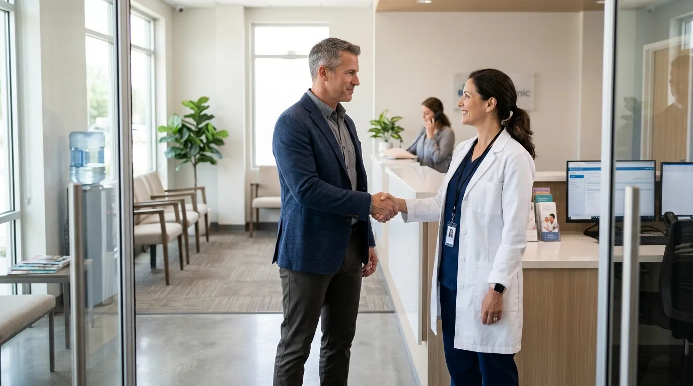 A female clinician warmly greets a man in a clinic, reflecting a positive step into testosterone replacement therapy.