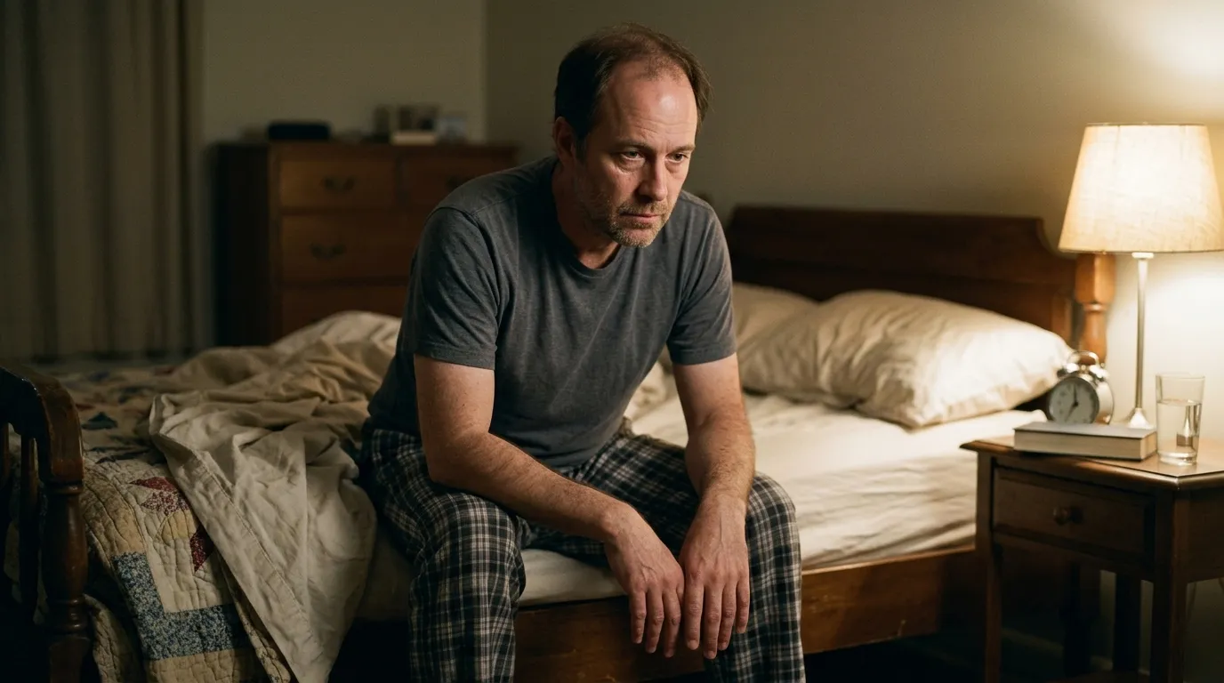 A pensive man sits on the edge of his bed, reflecting on the low energy that often leads men to explore TRT.