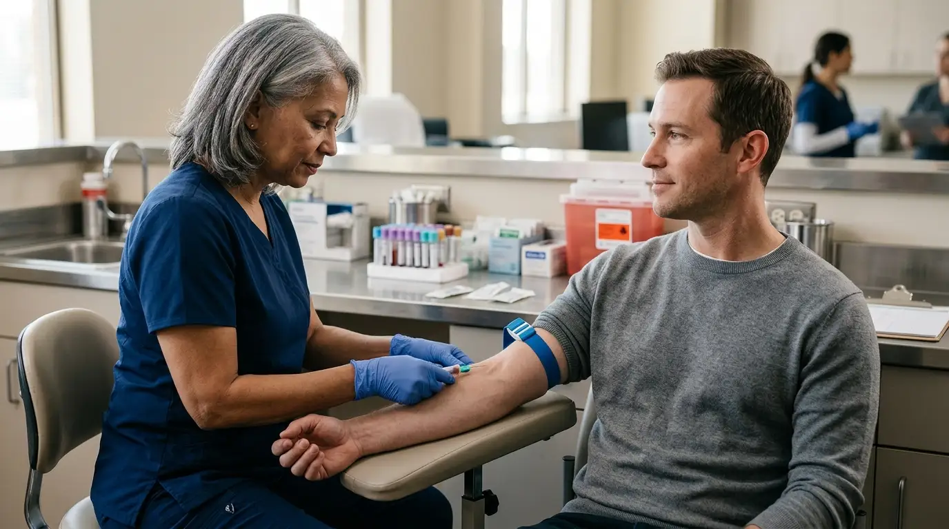 A calm man has his blood drawn by a nurse in a clinic, a common step for men exploring testosterone therapy.