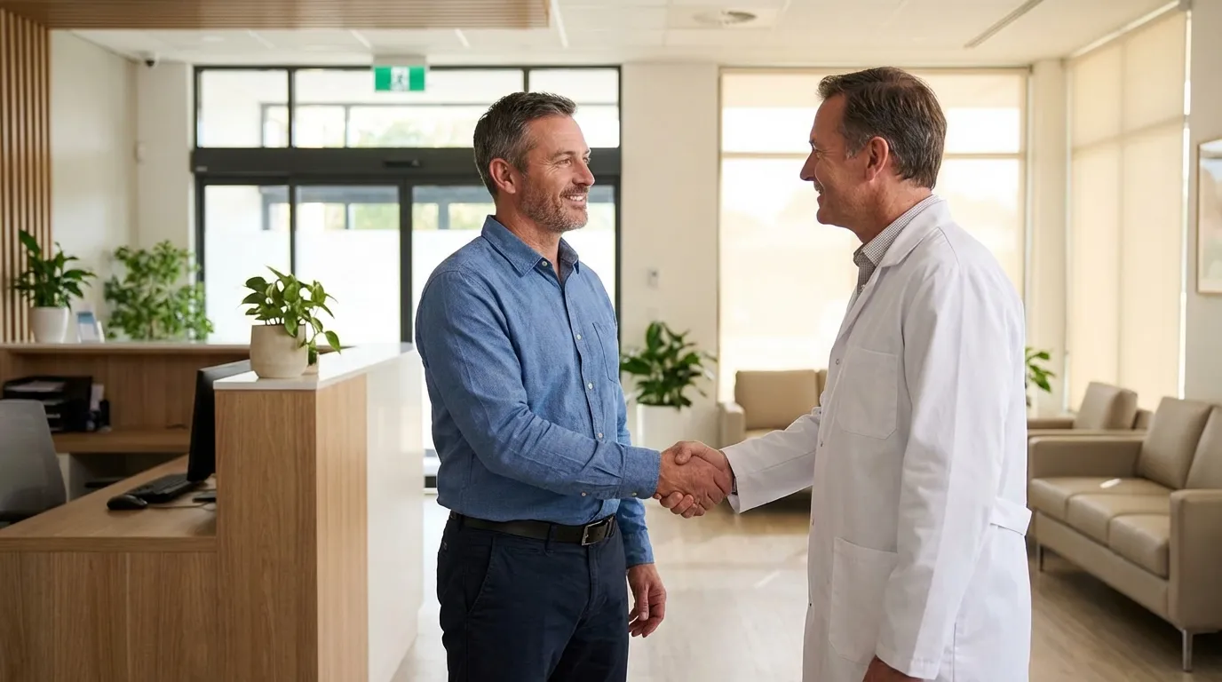A doctor warmly shakes hands with a smiling man in a clinic, a positive start to a health journey with TRT.