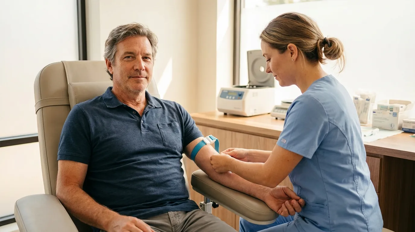 A calm man receives a blood draw from a nurse in a clinic, a common step for men considering testosterone therapy.