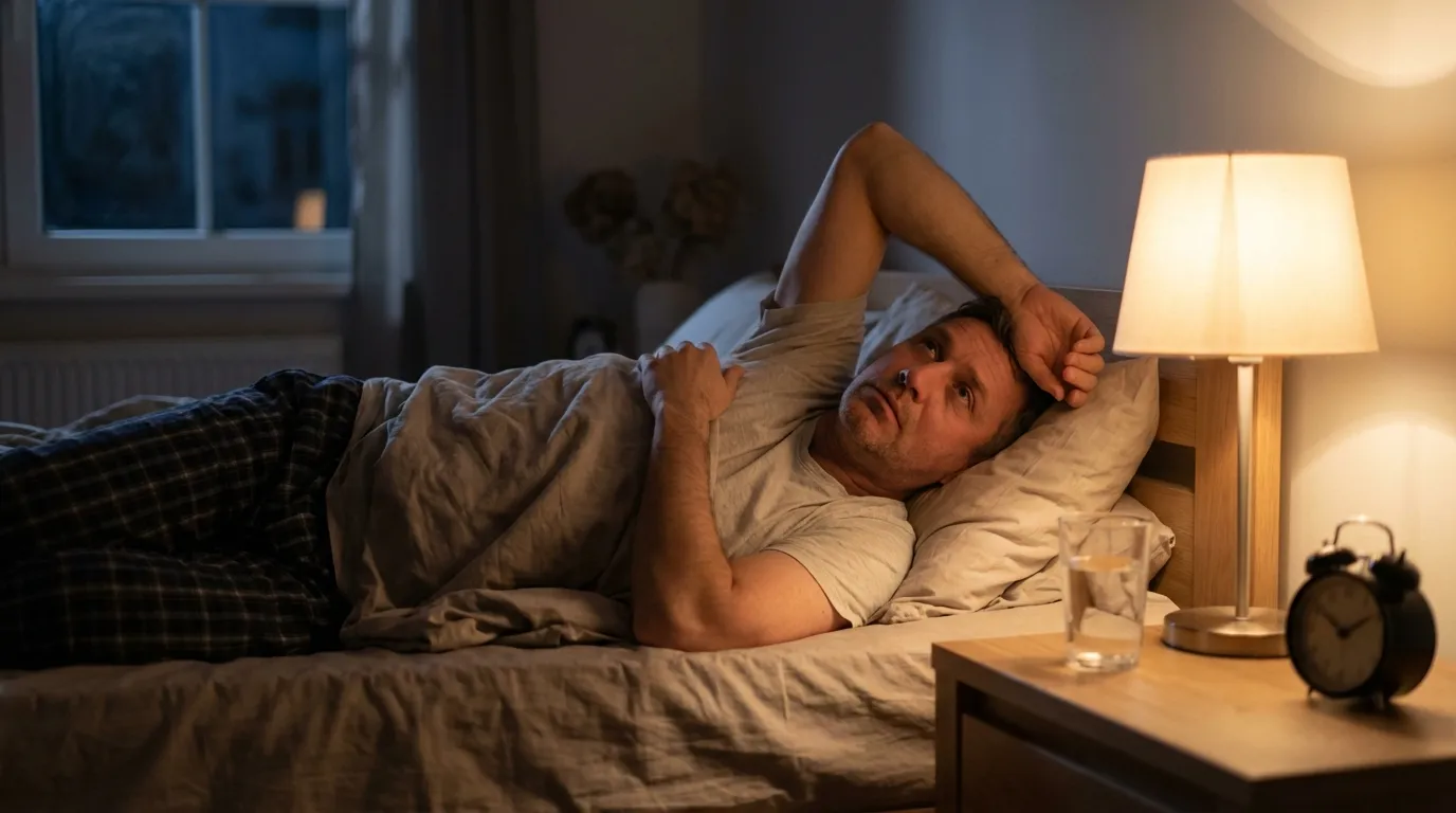 A man lies awake in bed at night, looking thoughtful and unable to sleep, a symptom many men seek testosterone therapy for.