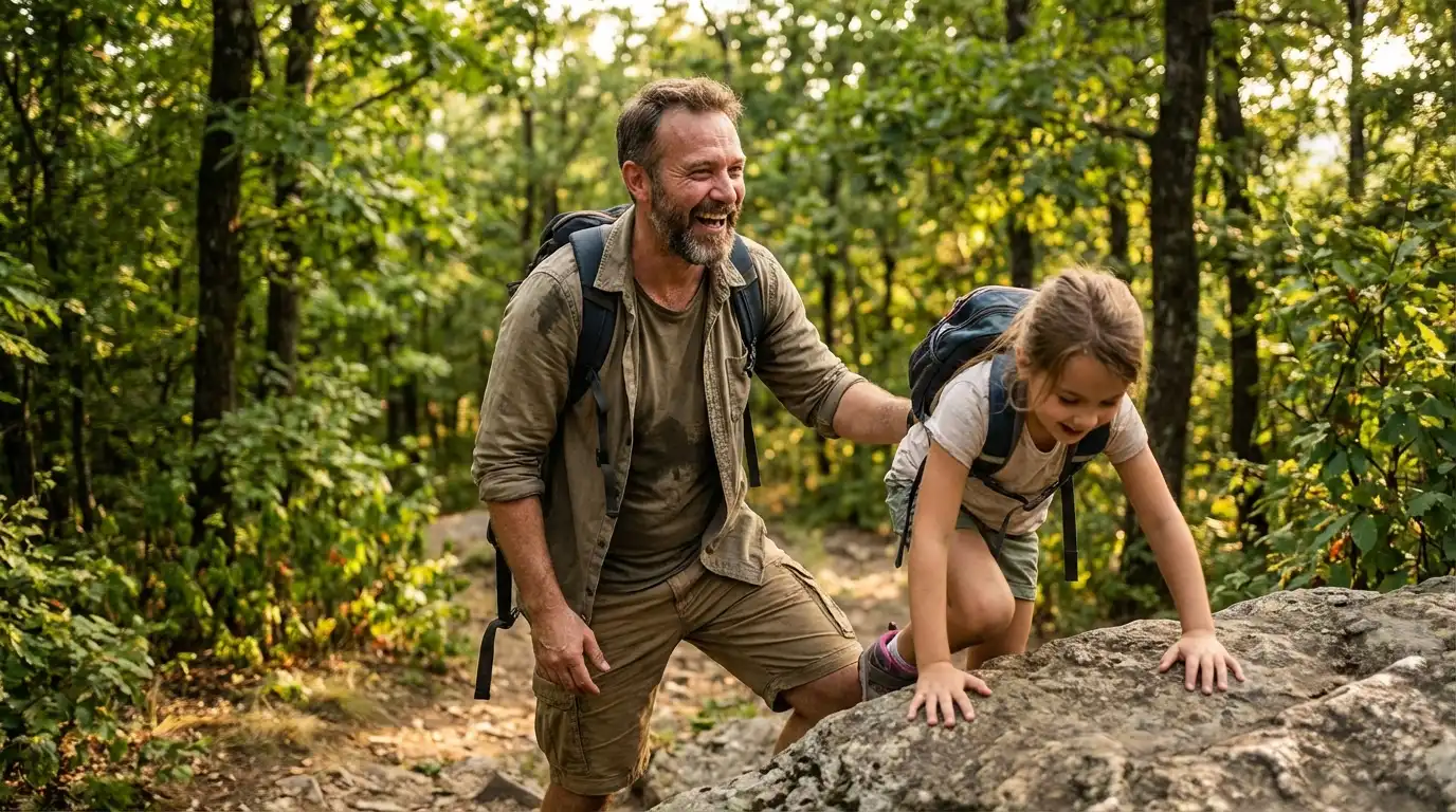 A happy father and daughter hiking in a sun-dappled forest, embodying the renewed vitality men can experience with testosterone therapy.