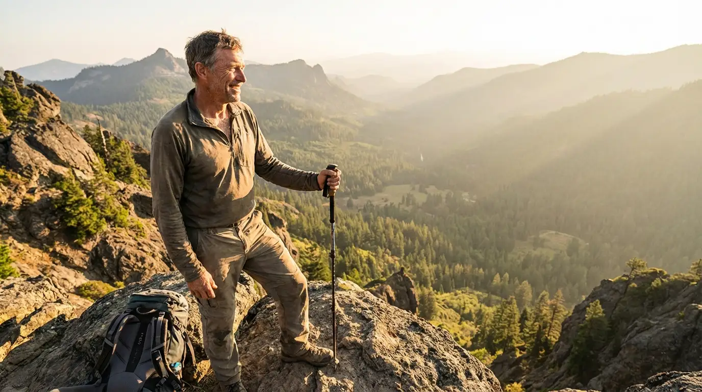 A smiling man, invigorated by testosterone replacement therapy, stands on a sunny mountain peak overlooking a vast valley.